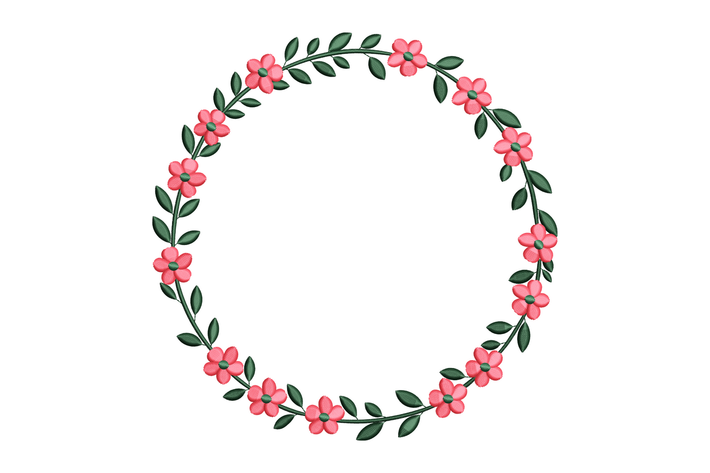 Pink flower circle frame embroidery wreath, soft pink five-petal flowers and sage green leaves on a thin vine ring with hollow centre for monogram
