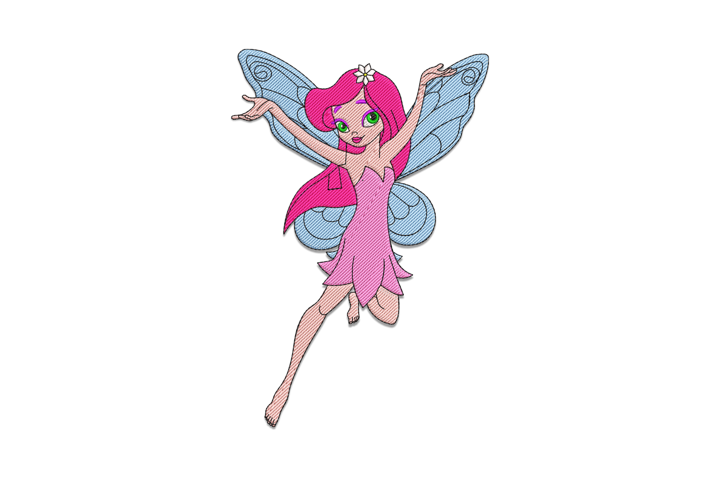 Pink hair fairy embroidery design mid-flight with hot pink flowing hair, cornflower blue butterfly wings, rose pink petal dress and a white daisy hair clip.