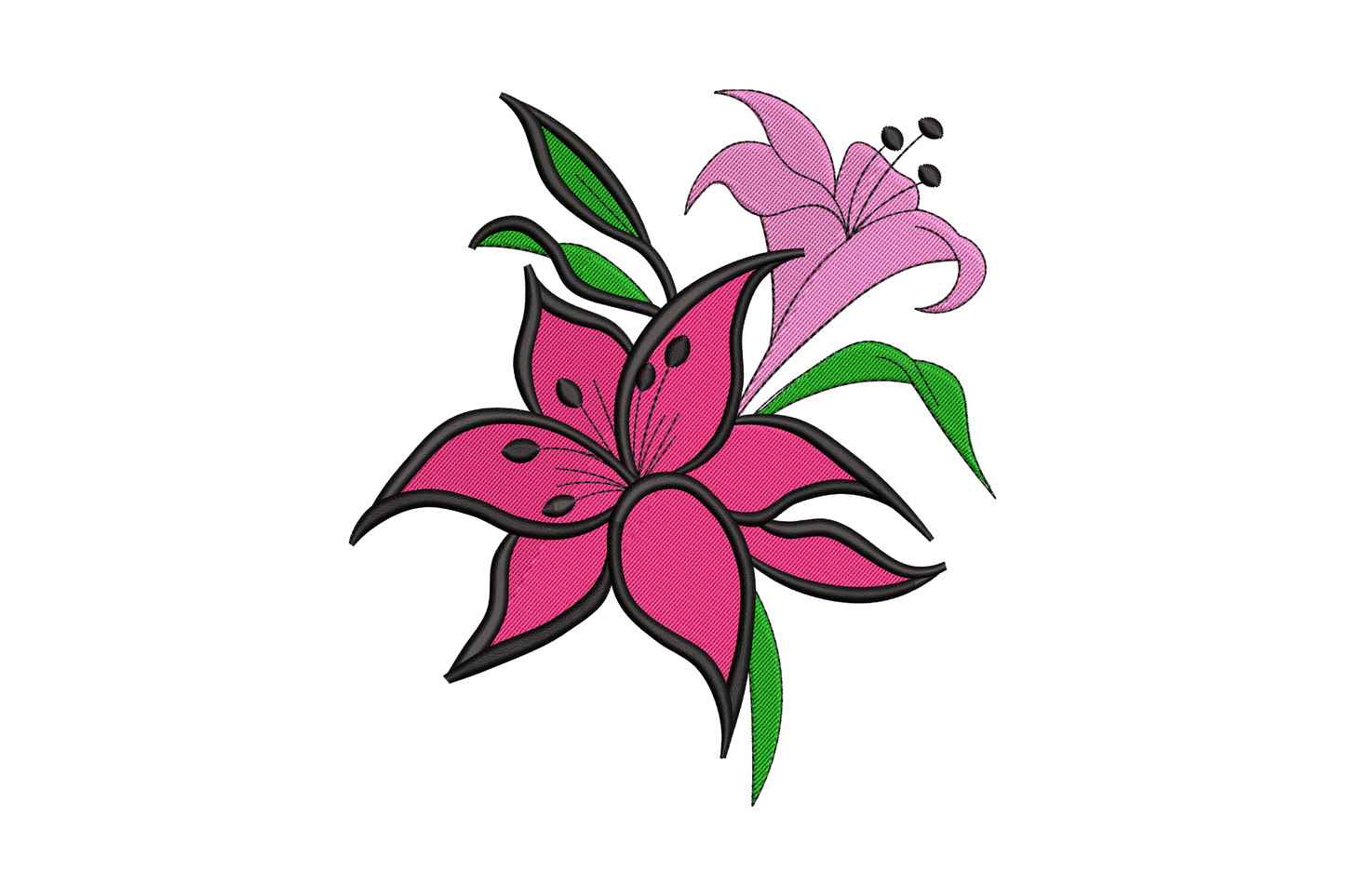 Pink lily duo embroidery with a hot magenta lower lily with spot details and a soft pale pink upper lily, green leaves and black outlines stacked vertically.