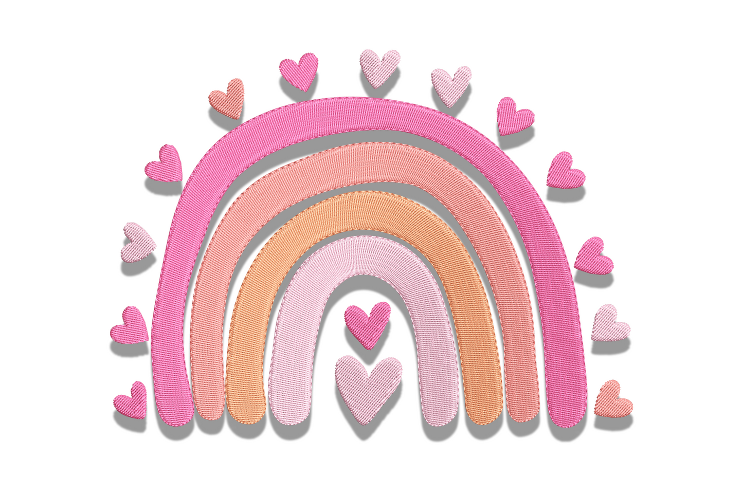 Pink love rainbow with floating hearts embroidery design in 4 colours, arched rainbow over hearts, 5 sizes from 2.53 to 5.43 inches wide