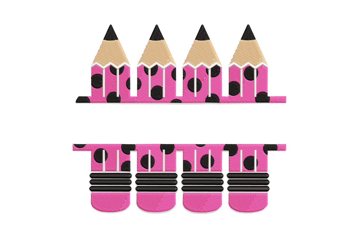Pink polka dot pencil border embroidery, repeating row of hot pink pencils with white dots on white background