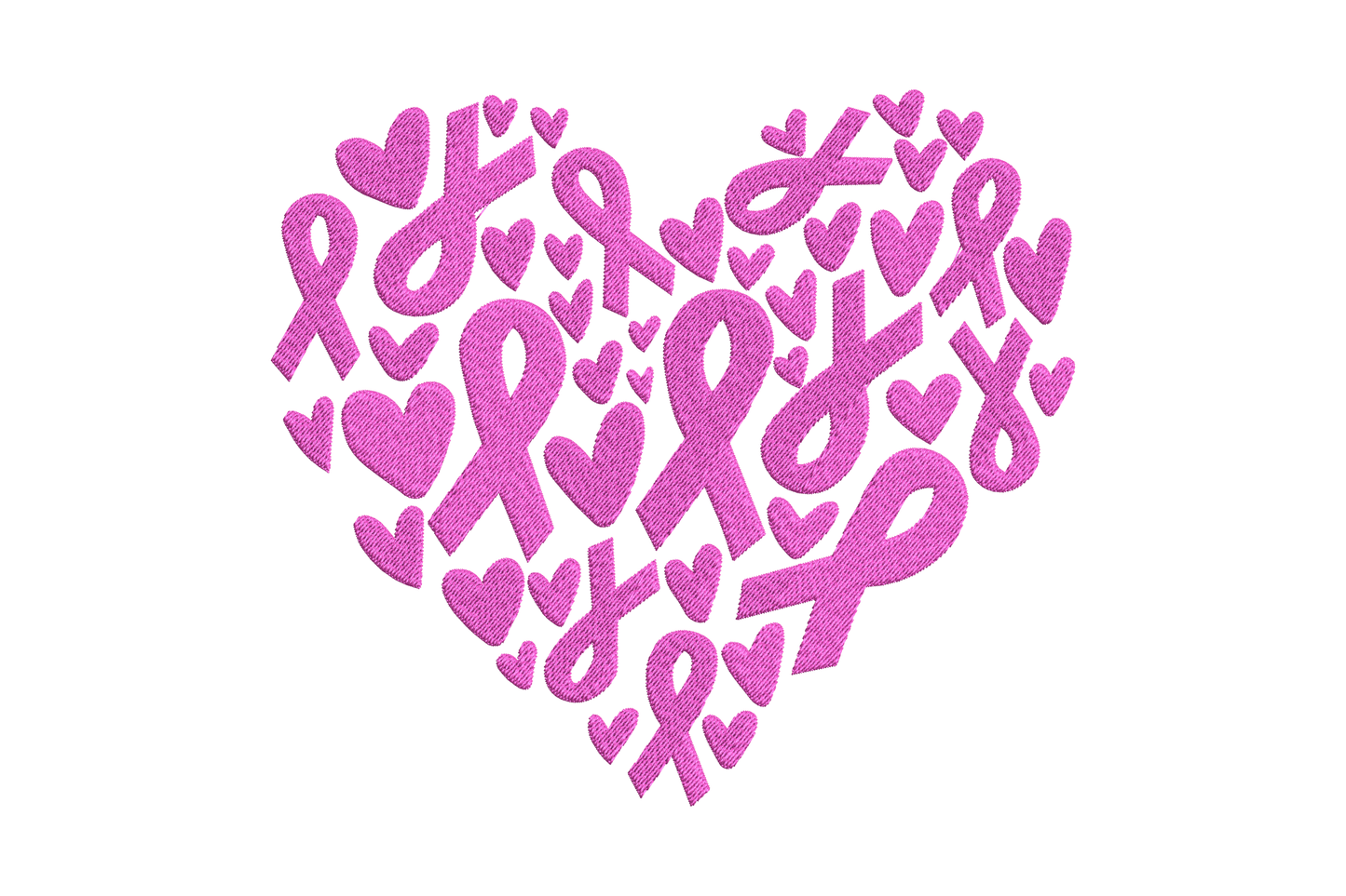 Machine embroidery design of a heart shape formed from interlocking pink awareness ribbons and small hearts, single colour, on white background.