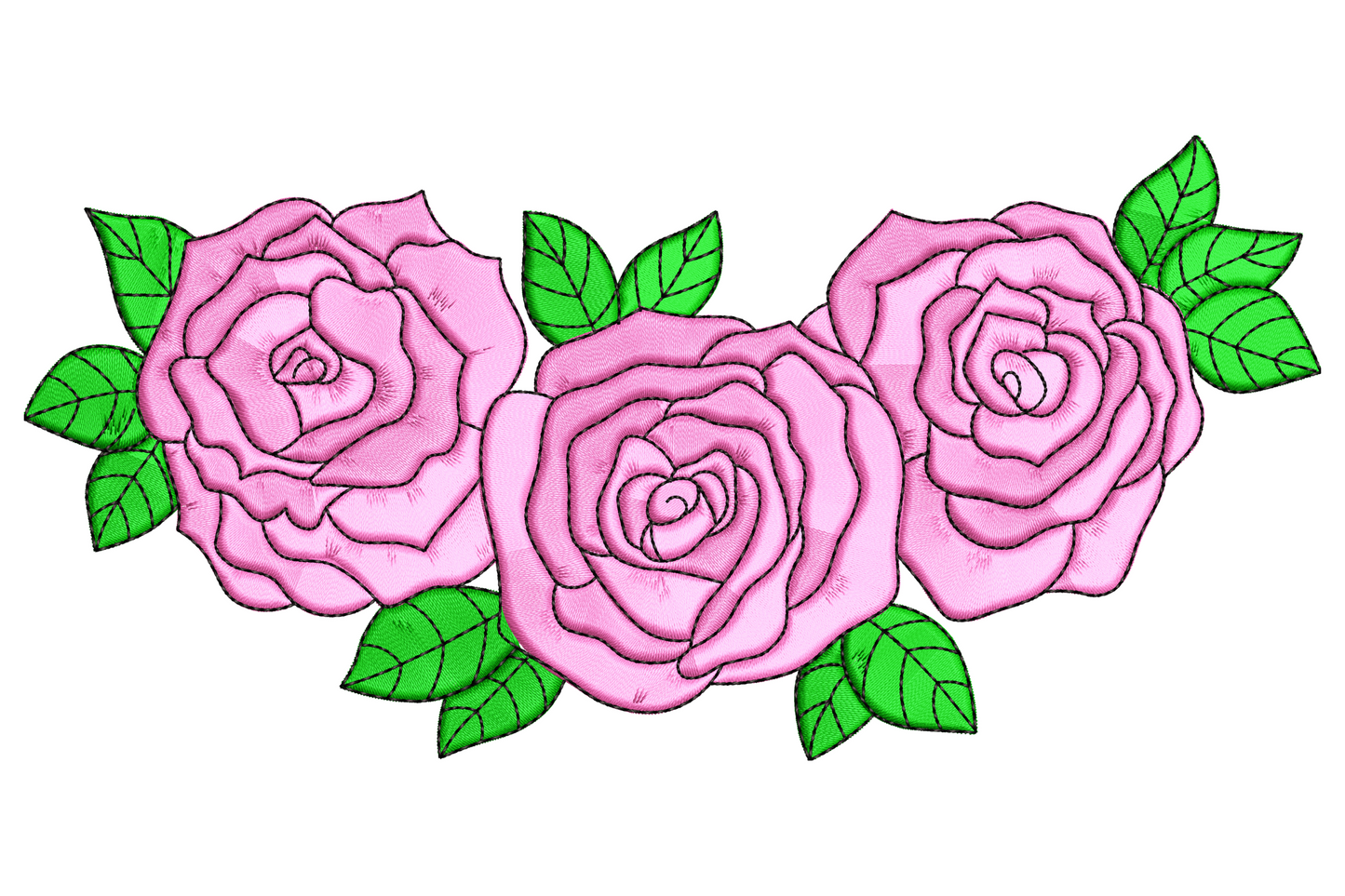 Pink roses border embroidery design, three soft pink roses with green leaves in a horizontal floral arc