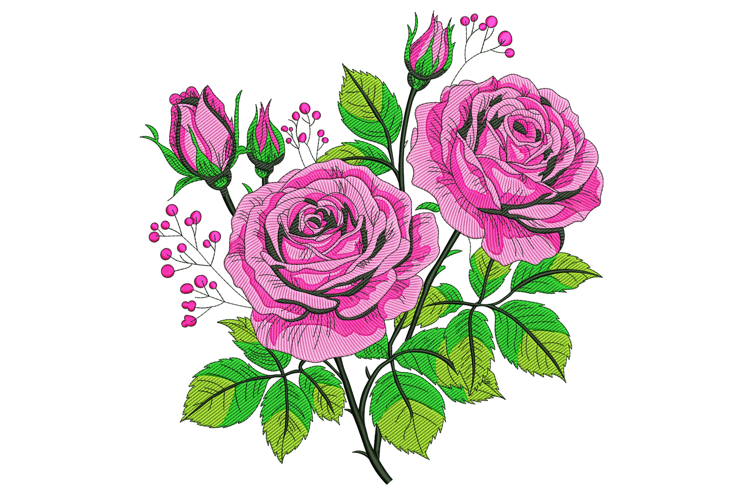 Pink roses floral bouquet embroidery design with layered petal shading, rose buds, serrated leaves and berry clusters.