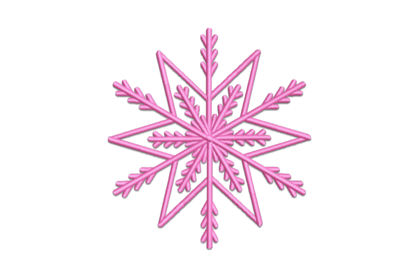 Hot pink eight-pointed snowflake embroidery with oak-leaf arm details and dense satin fill, bold and graphic winter design