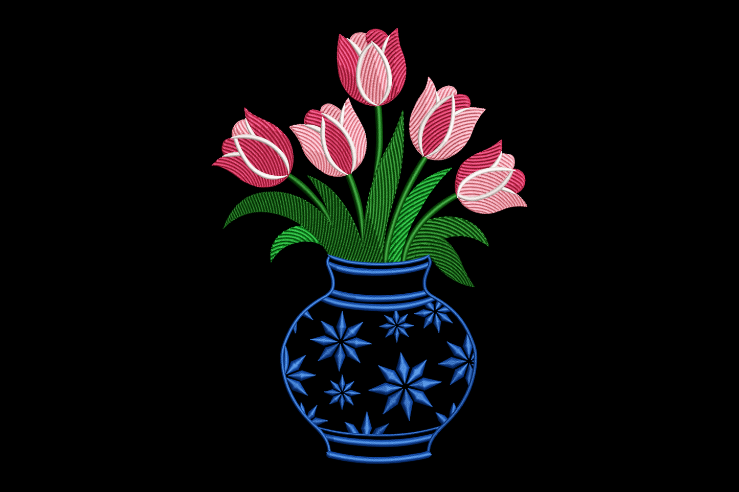 Embroidered design of pink tulips in a blue vase on a black background