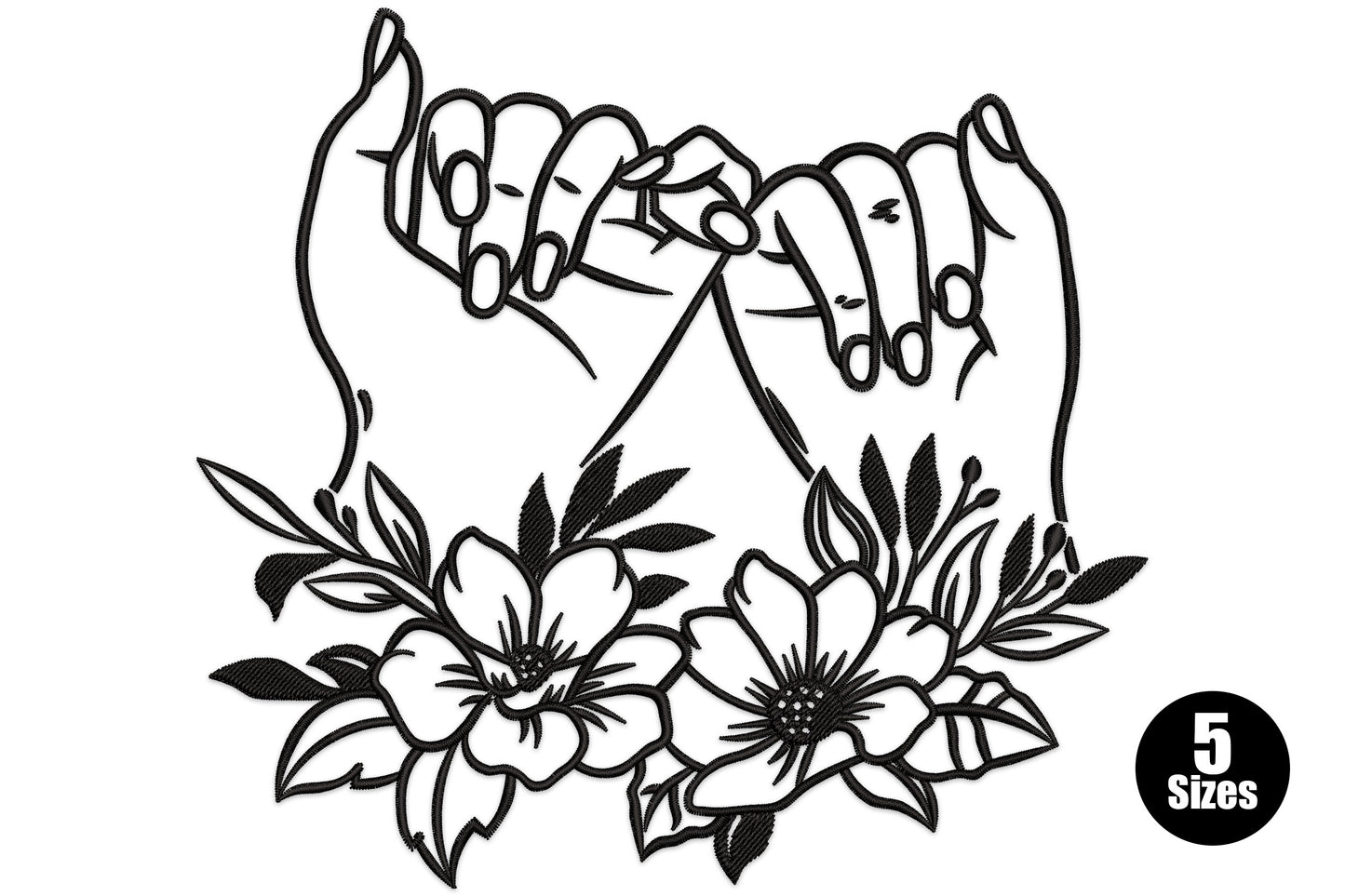 Pinky promise hands meeting at the top with magnolia and cosmos flowers below, all in fine black line art embroidery design.
