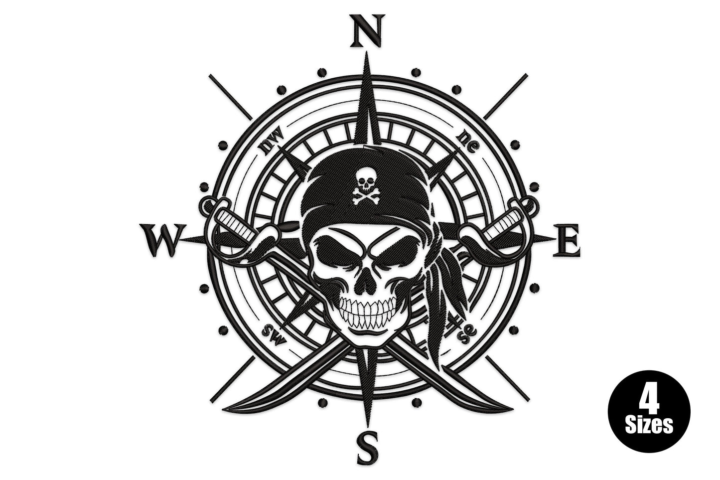 Pirate skull compass rose embroidery design black single colour, skull bandana crossed swords, 4 sizes 5-8 inch, 20935-34539 stitches