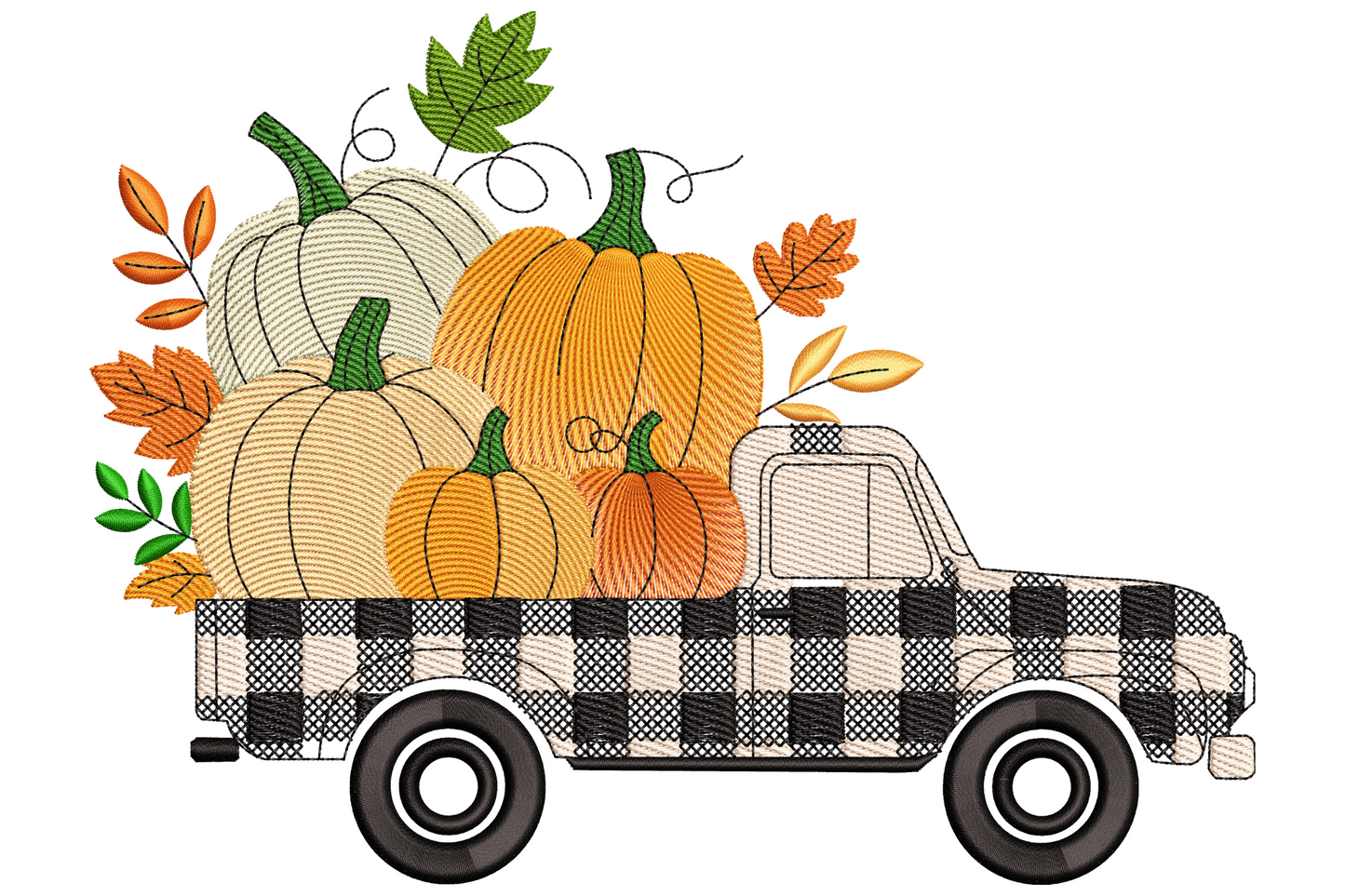 Plaid truck pumpkins embroidery with cream crosshatch truck body, orange pumpkins, autumn leaves in rust and green.