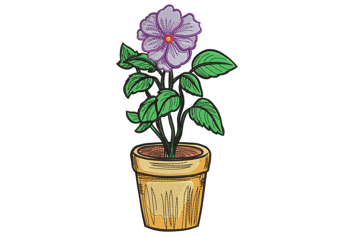Plant pot flower embroidery with a single lavender purple bloom rising from a terracotta clay pot with broad green leaves.