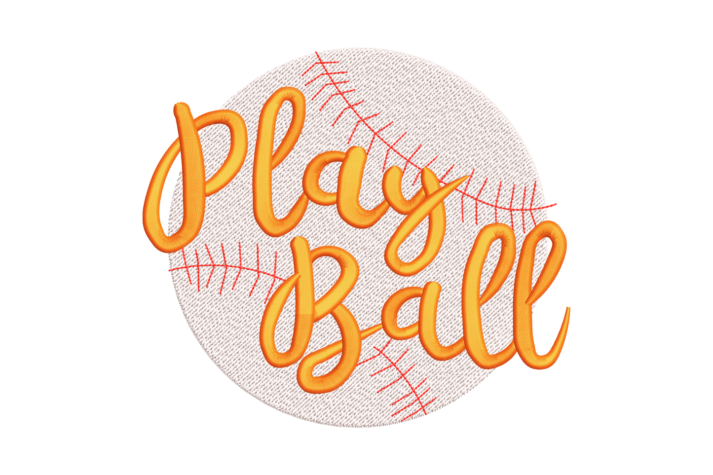 Play Ball baseball embroidery with warm orange flowing script layered over a white baseball circle and red seam stitch lines.
