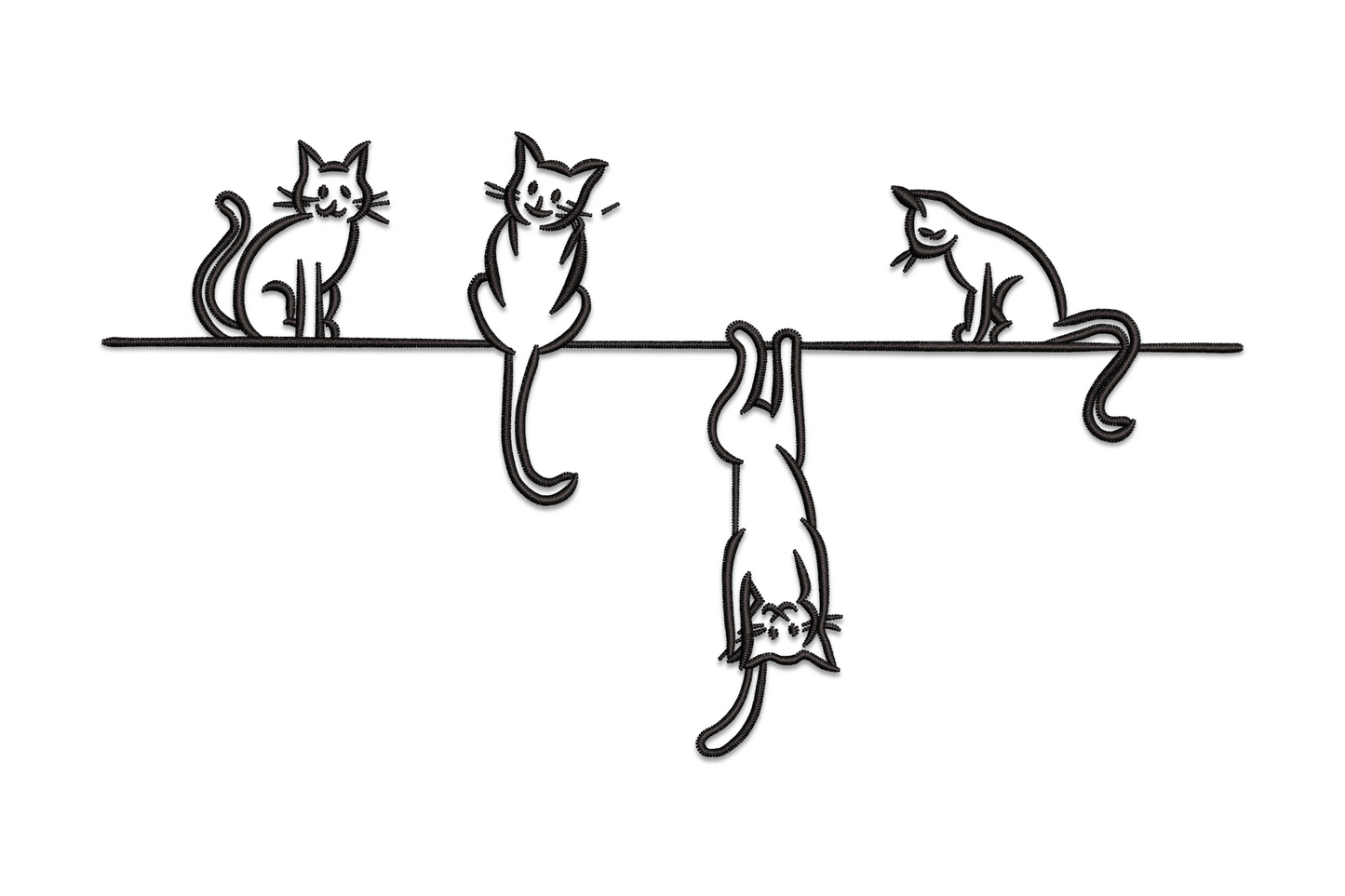 Playful cats line embroidery, four minimalist outline cats on a horizontal bar, one hanging upside down below.