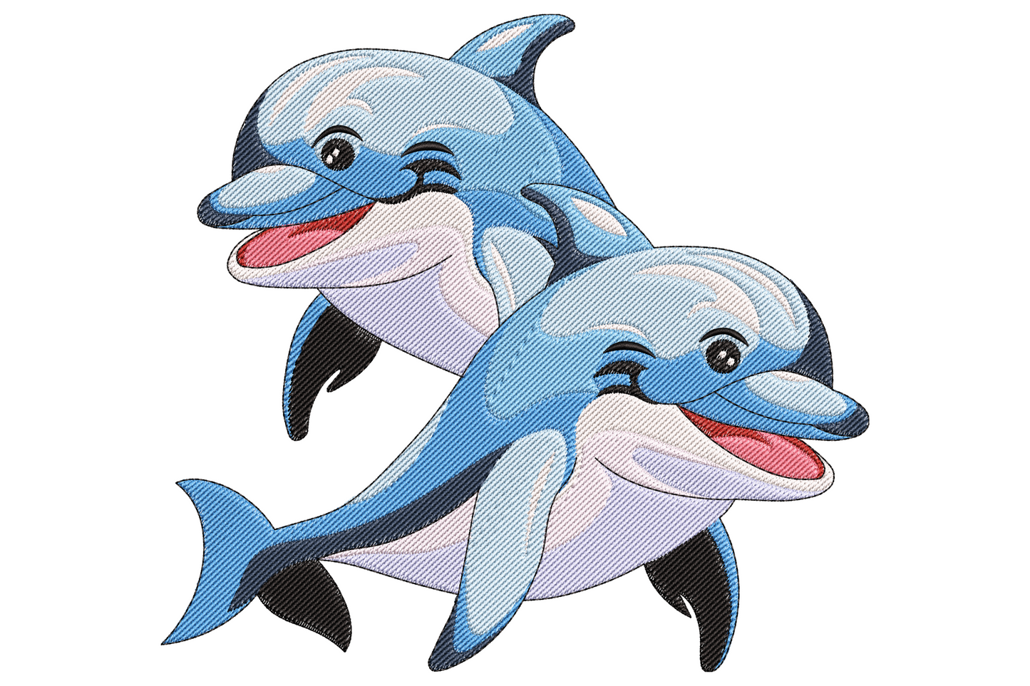 Embroidery design of two cartoon bottlenose dolphins mid-leap with grinning pink mouths, blue backs and cream bellies