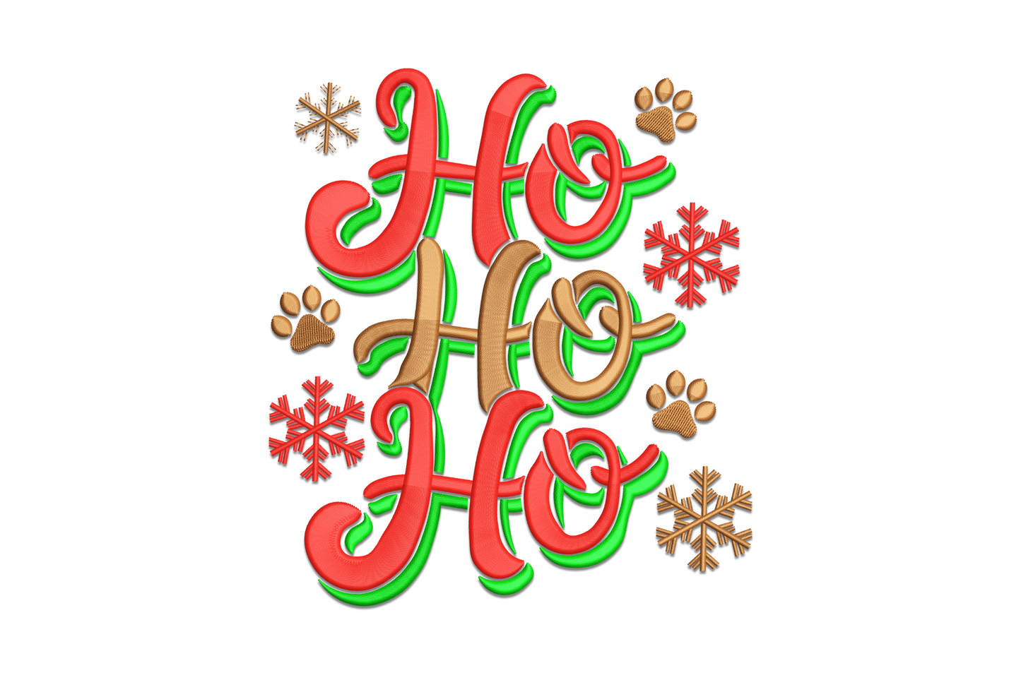 Ho Ho Ho Christmas embroidery design, bold red and green stacked script letters with gold snowflakes and paw prints