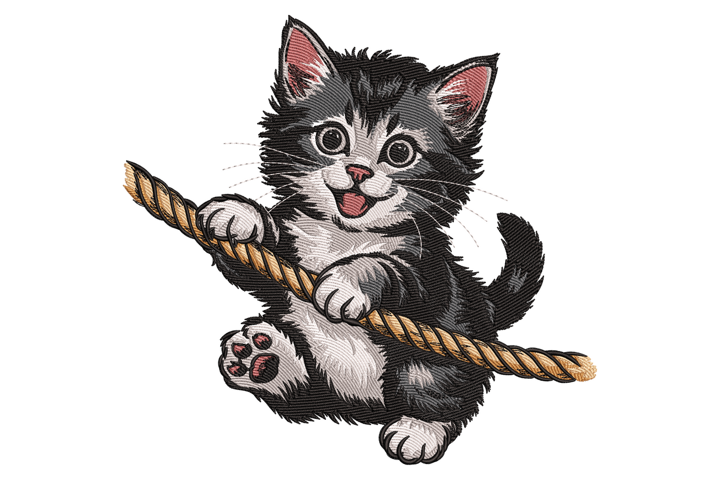 Black and white tuxedo kitten embroidery design hanging from a thick tan rope with both front paws and an open excited mouth.