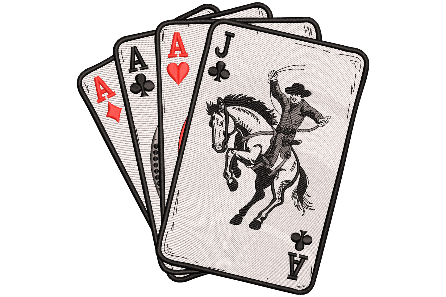 Western playing cards cowboy embroidery design with fan of four cards, rodeo rider on rearing horse on front card, bold black and red suits.