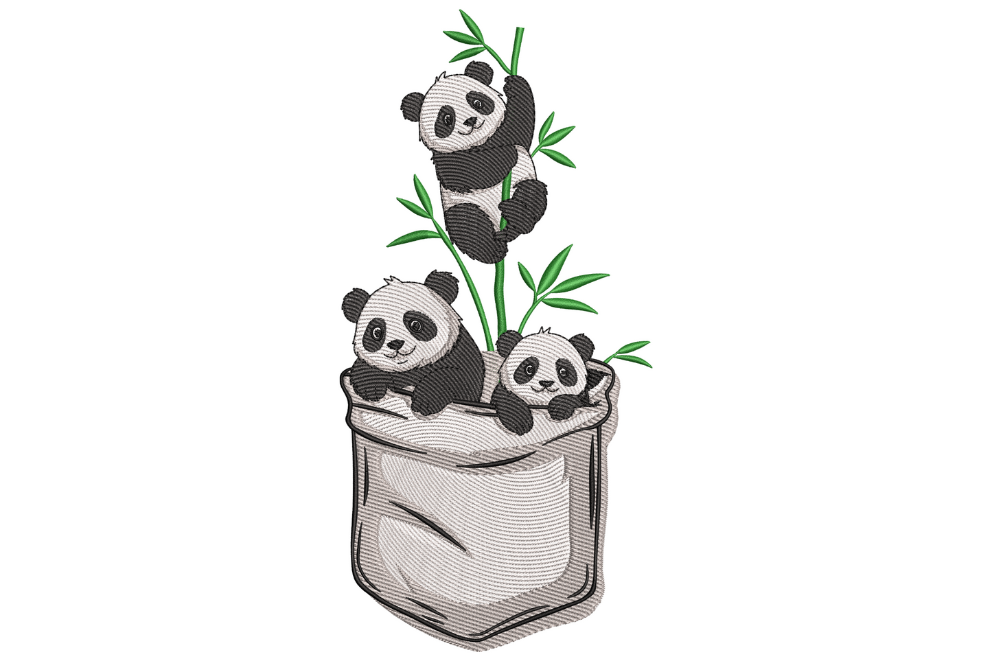 Three sketchy pandas climbing bamboo above a faux chest pocket, hand-drawn embroidery design with green leaves