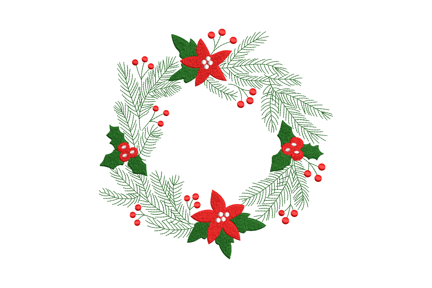 Poinsettia pine wreath Christmas embroidery design with airy pine needle circle, two red poinsettias and holly clusters