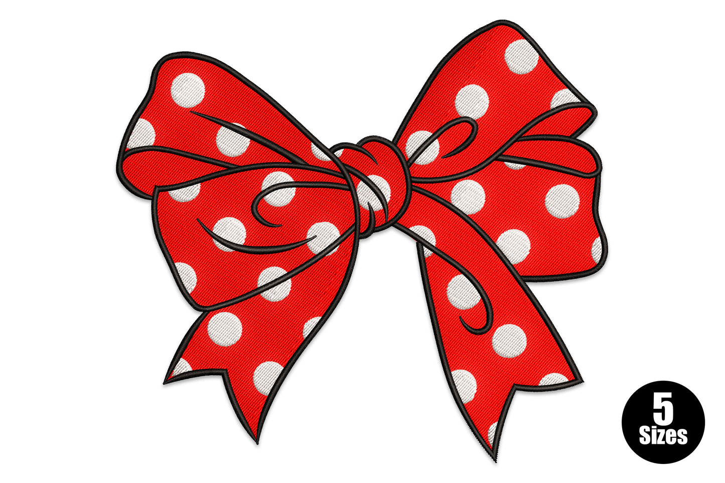 Polka dot bow machine embroidery design with dotted ribbon fill in pink white and navy, 5 sizes 10991 to 38233 stitches for girls clothing and accessories