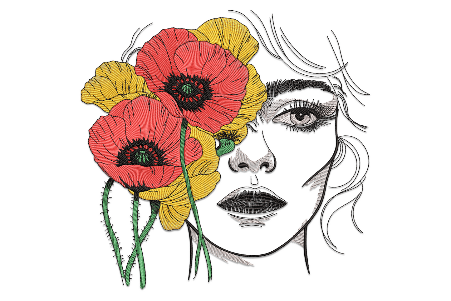 Three bold red poppy flowers on stems with a minimal line-art woman face in profile beside them, machine embroidery design on white background