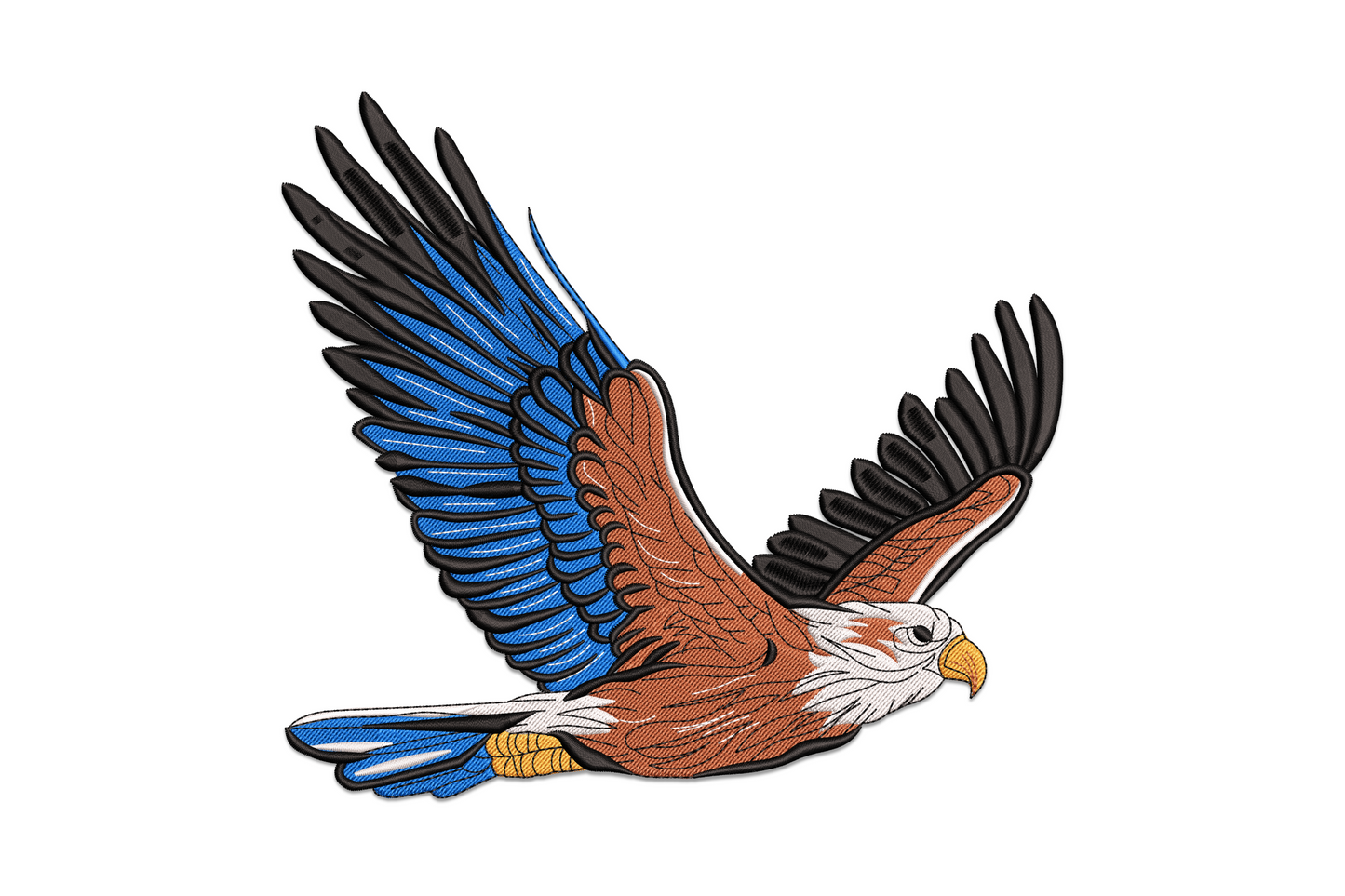 Bald eagle mid-dive with wings spread wide, 5-colour machine embroidery design on white fabric background.