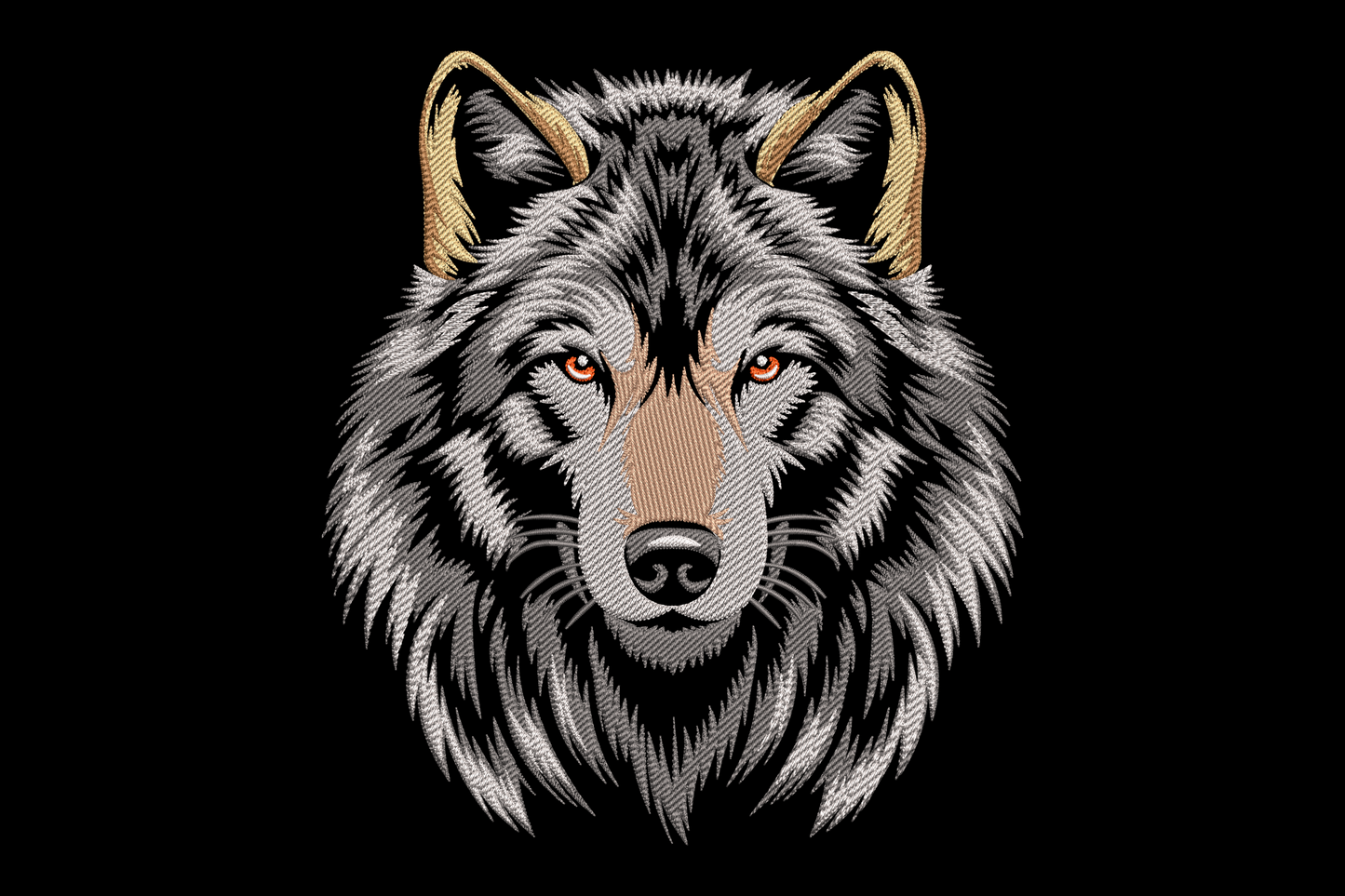 Powerful wolf portrait embroidery design with directional fur stitching, amber eyes, 7 colours, realistic wildlife style on dark background