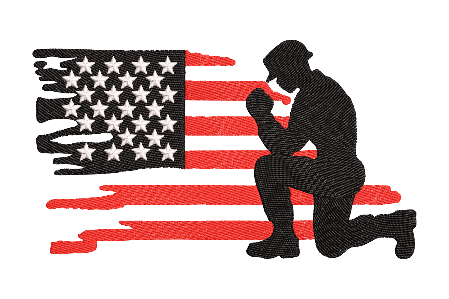 Silhouette of a person kneeling on an American flag with stars and stripes.