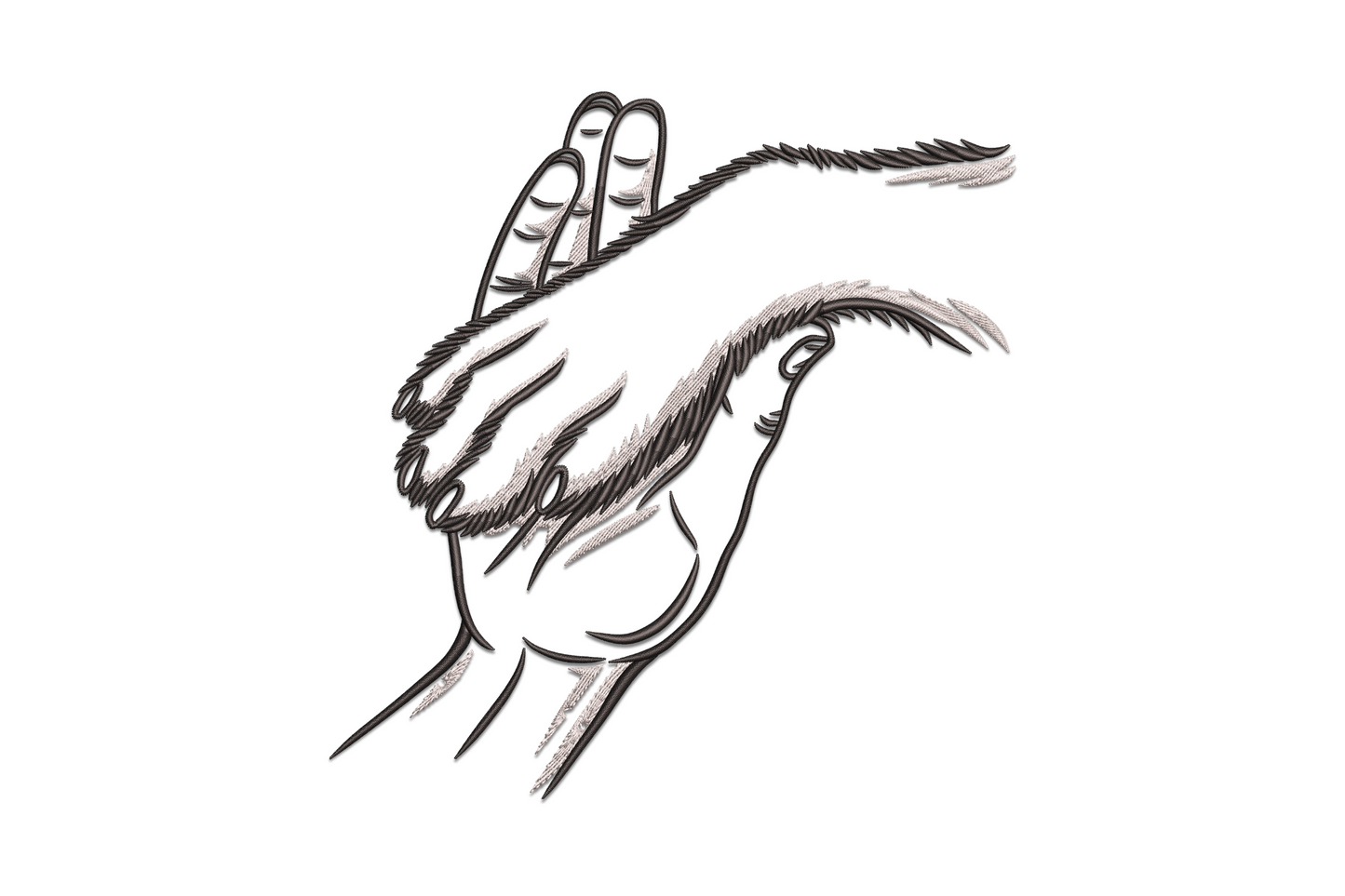 Praying hands machine embroidery design in two colours, clean satin linework with directional shading, religious faith embroidery pattern