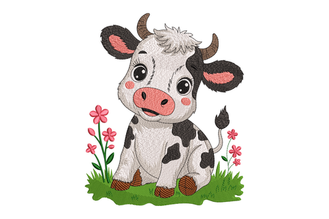 Cartoon cow with flowers on a white background