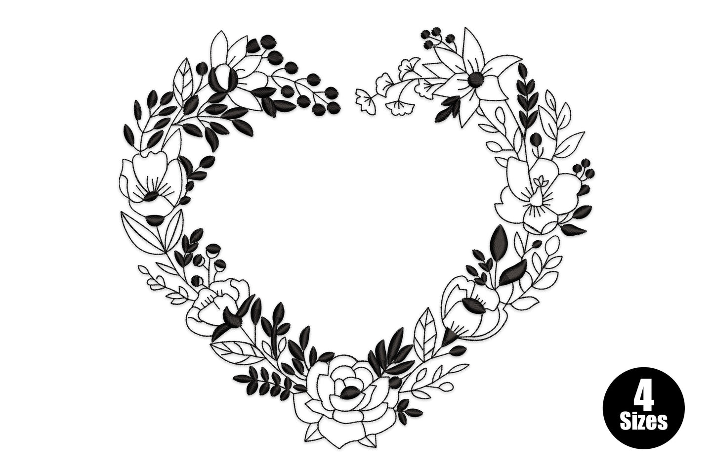 Heart frame embroidery in fine single colour line work with sketched roses, blossoms, buds, and leaves chained around the heart silhouette with open monogram centre.