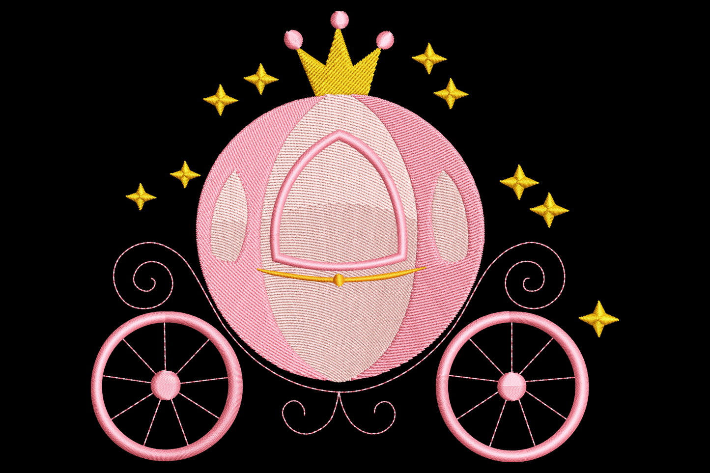 Princess carriage embroidery with pink coach, gold crown and arching star sparkles above the wheels and scrollwork.