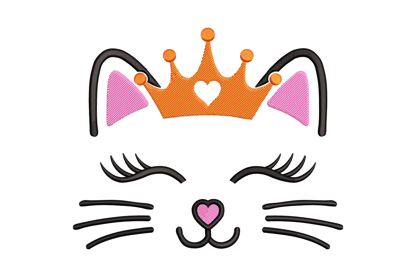 Princess cat face embroidery with arched ear lines, pink ear fills, orange crown with heart cutout, lash eyes and pink heart nose, no head outline.