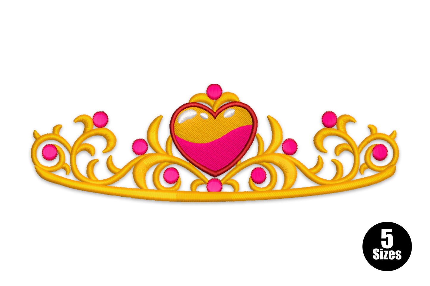 Gold scrollwork princess tiara embroidery with a pink heart jewel centrepiece and hot pink gem accents along the band