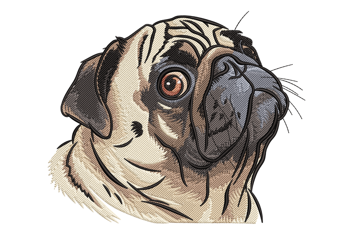 Realistic pug portrait embroidery, directional fur fill, wrinkled muzzle, amber eye, fawn coat with dark charcoal mask.