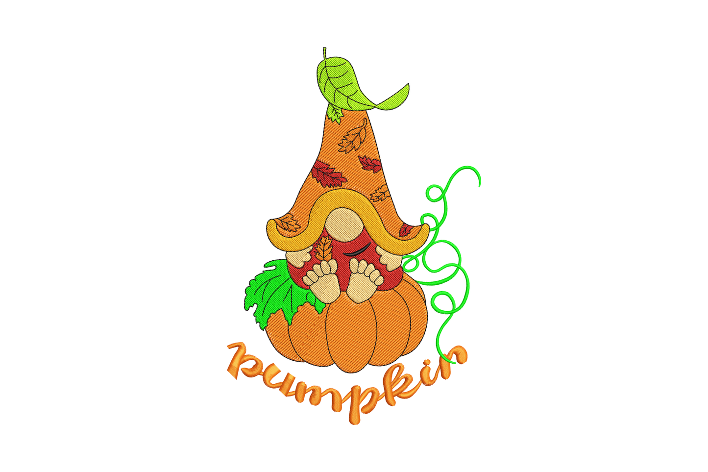 Pumpkin gnome embroidery design, single gnome sitting inside orange pumpkin with curly green vine, 7 colours, autumn fall theme.
