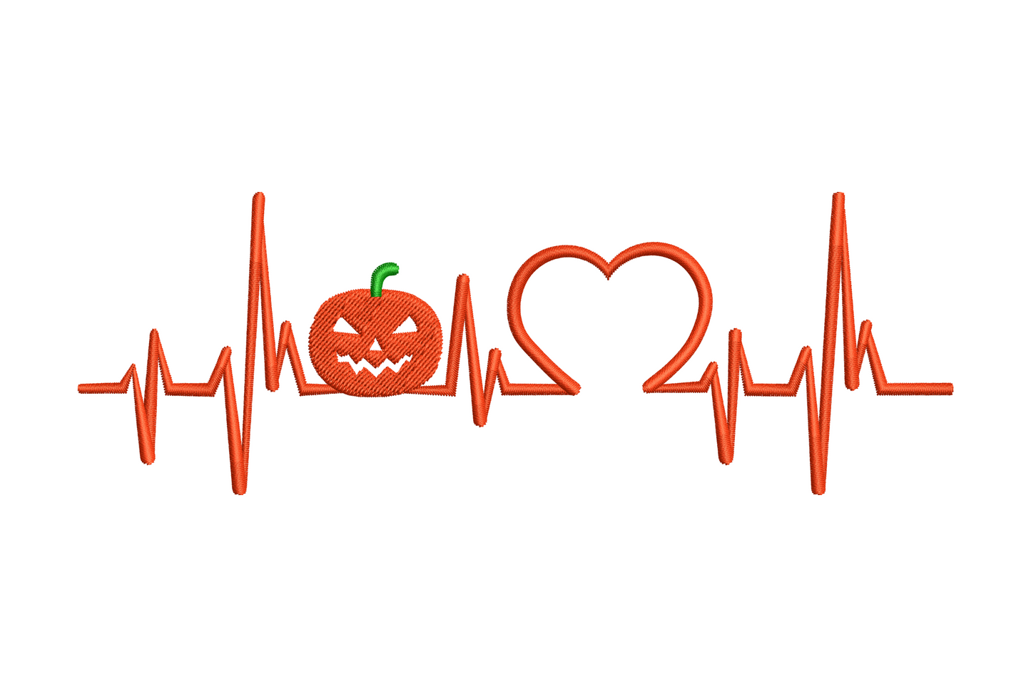 Pumpkin Heartbeat embroidery design with red-orange EKG line, carved jack-o-lantern and open heart outline, 2 colours, 5 sizes