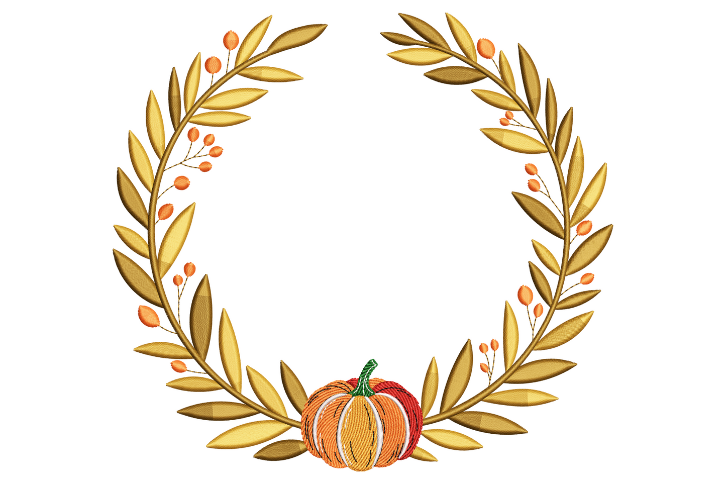 Pumpkin inside symmetrical laurel wreath embroidery design, warm orange pumpkin with sage green leaf arc, eight colour fall botanical machine embroidery