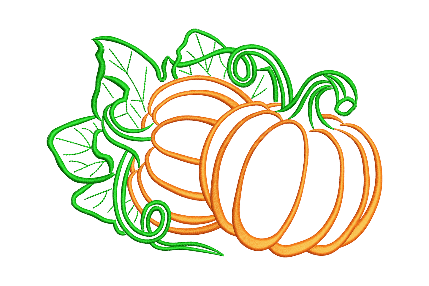 Pumpkin with curling vine and autumn leaves rendered in open outline line art, minimal hand-drawn style on cream background.
