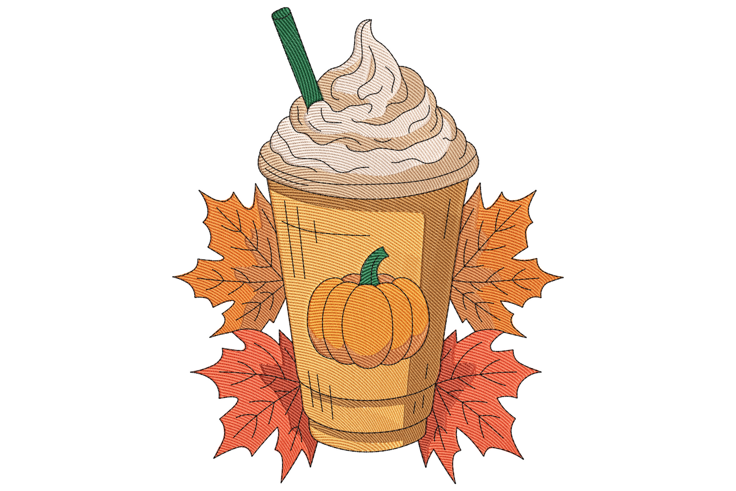 Pumpkin spice latte embroidery design, tall iced cup with whipped cream and autumn maple leaves wreath in orange and caramel tones.