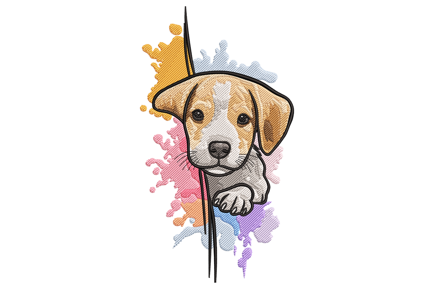 Beagle puppy embroidery peeking behind black brushstrokes with orange yellow pink blue watercolour splash background