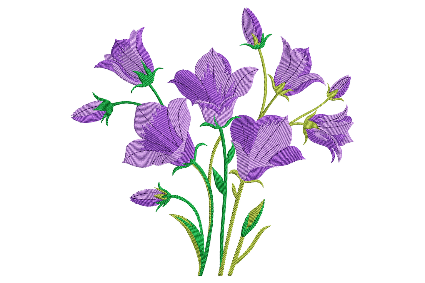 Purple bellflower bouquet embroidery with bell-shaped lavender blooms, sage stems, and small green buds.
