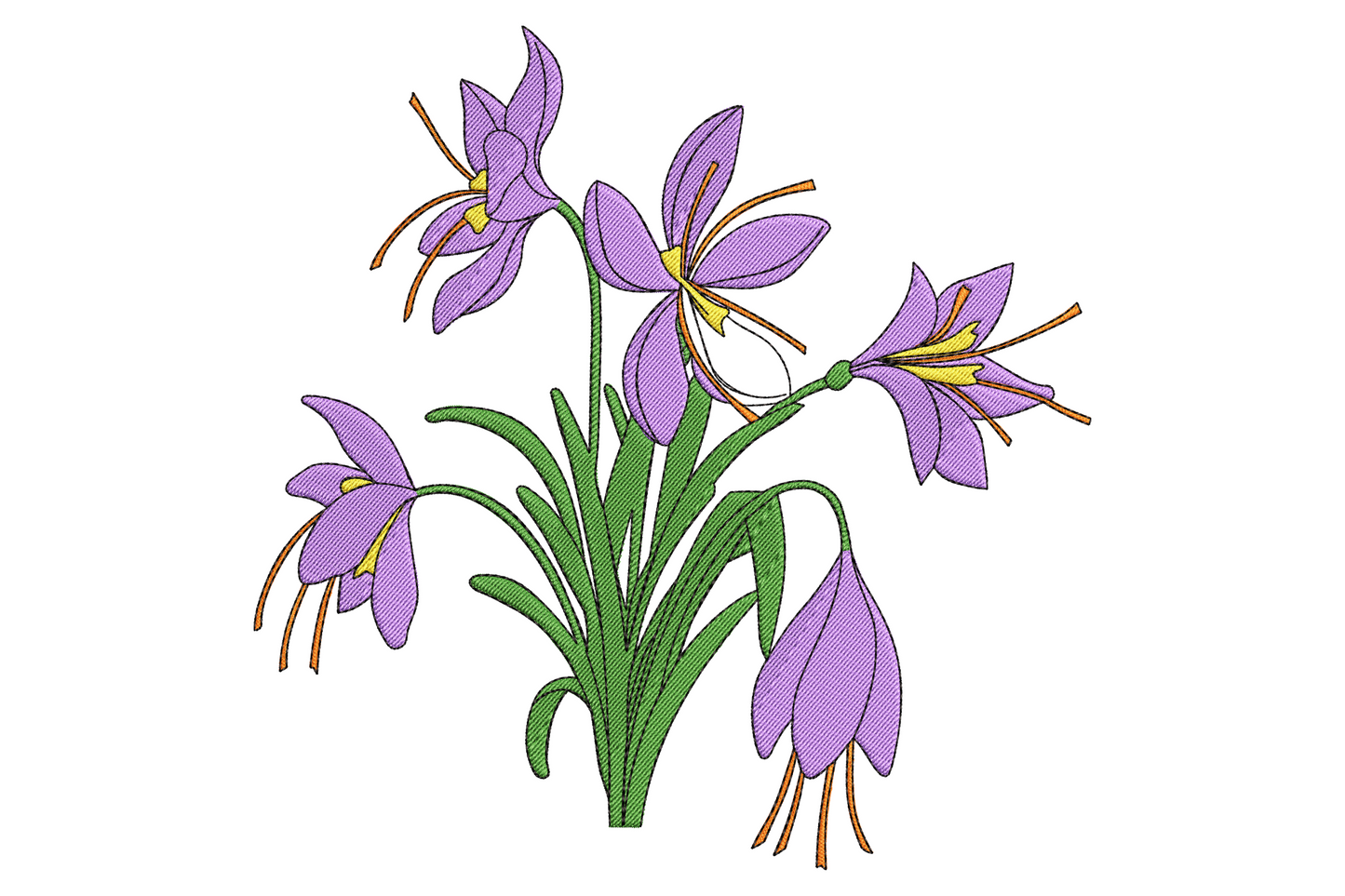 Purple crocus flower bouquet embroidery with five lavender blooms, olive leaves and mustard-yellow stamens.