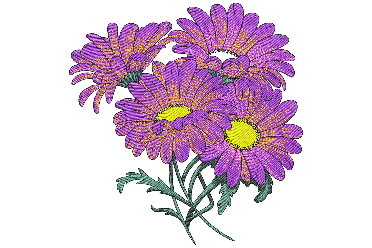 Purple daisy aster flowers embroidery design, 3 overlapping blooms with violet petals, yellow centres and teal green stems, botanical illustration style, 9 sizes.