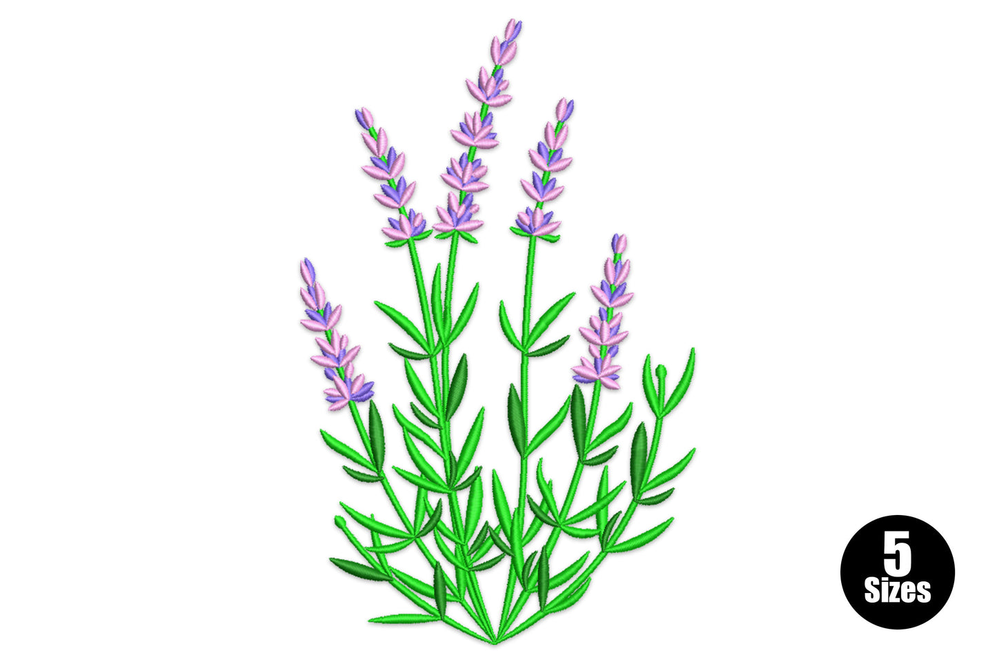 Purple lavender flower embroidery design with a cluster of botanical lavender sprigs, blue-violet and lilac floret spikes on bright green stems.