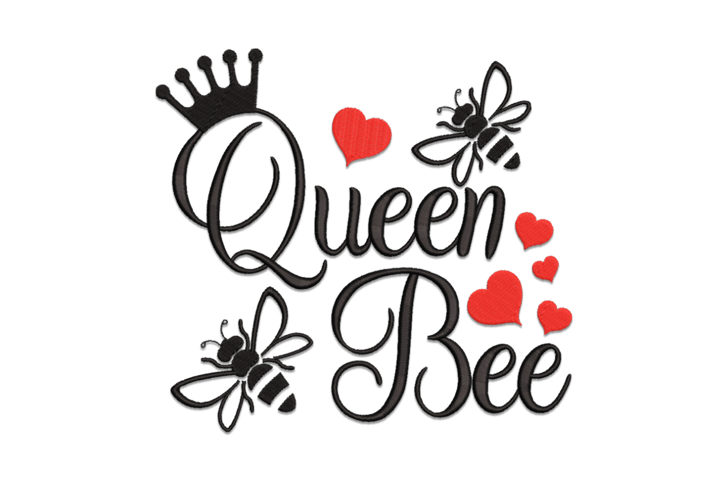 Queen Bee embroidery design with thick black cursive script, small crown, two honeybees, and red heart accents