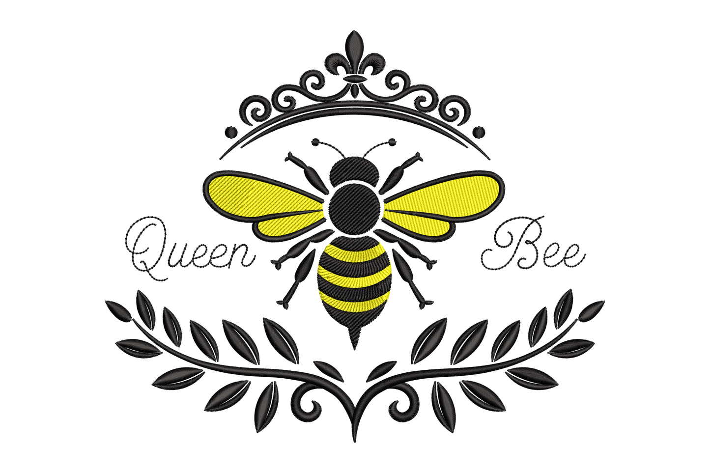 Logo of a bee with 'Queen Bee' text and decorative elements embroidery design