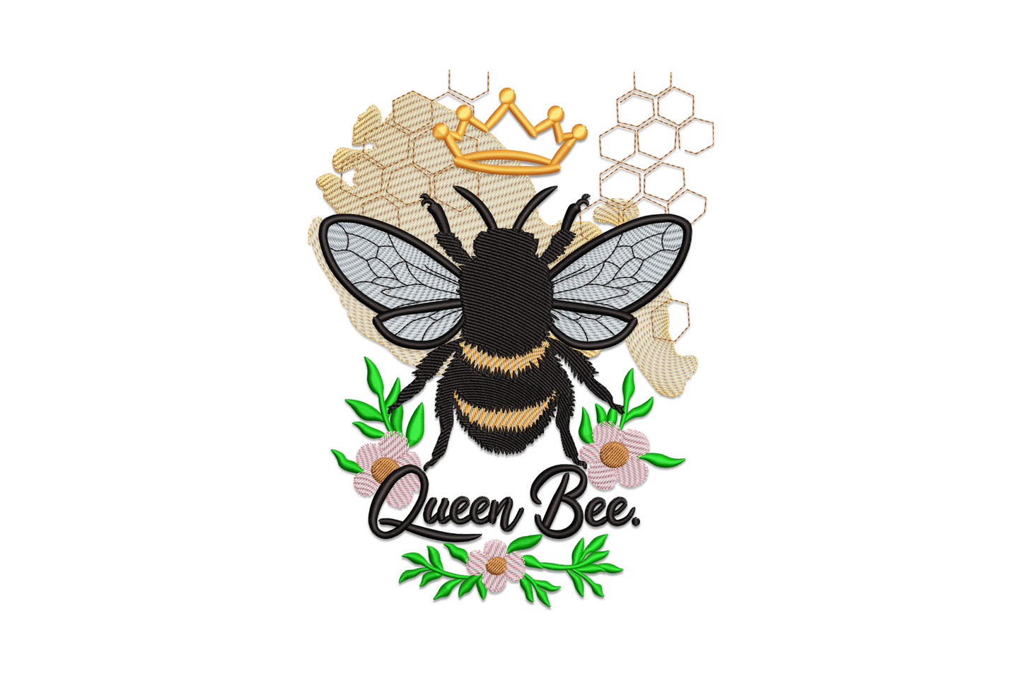Queen bee embroidery with marigold and black striped body, cream lace wings, small gold crown and pink flower wreath beneath