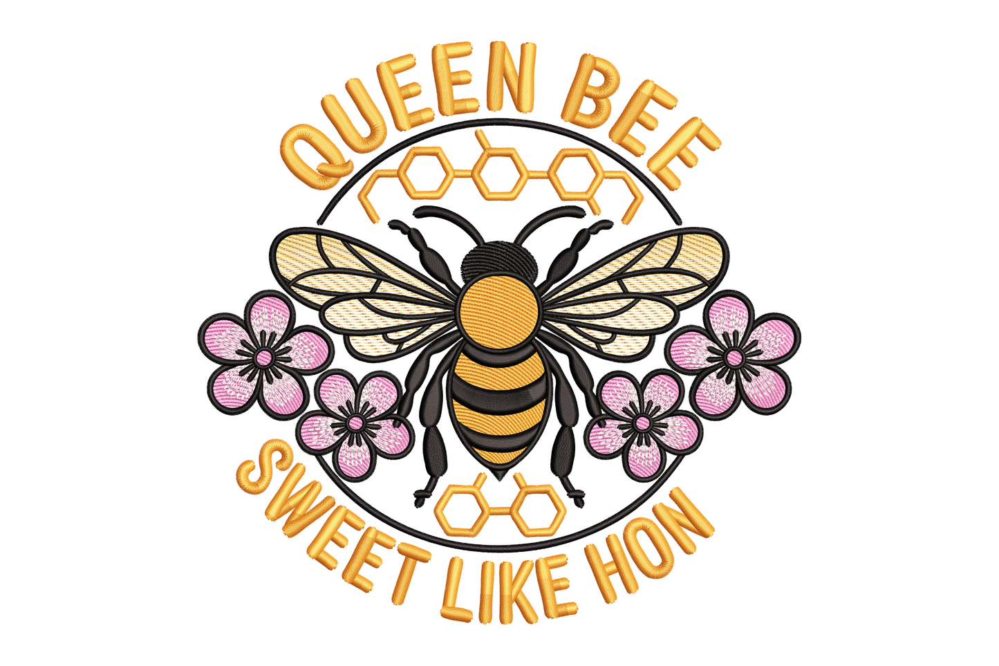 Logo with a bee and flowers, featuring the text 'Queen Bee Sweet Like Honey' embroidery design
