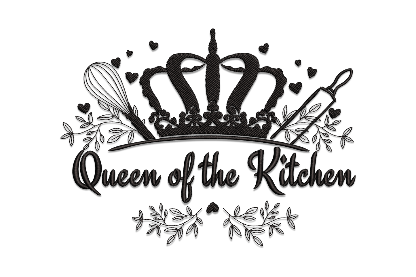 Machine embroidery design of Queen of the Kitchen text with a decorative crown, whisk, rolling pin and leaf sprigs all in solid black on white background