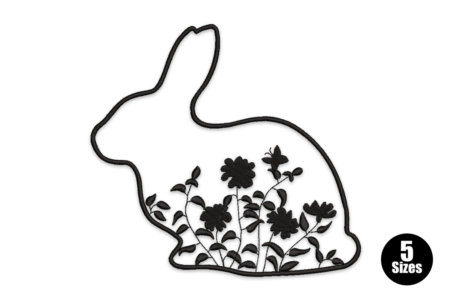 Rabbit outline embroidery with wildflowers, stems and a small butterfly growing inside the bunny silhouette, single black thread on white fabric.